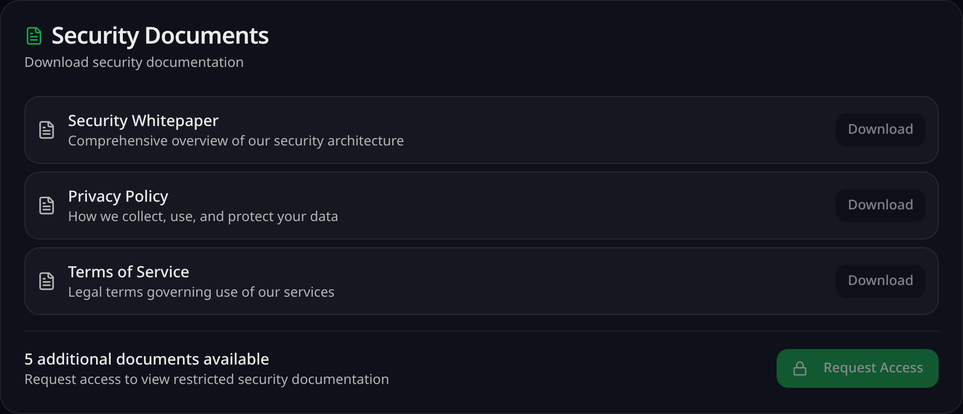 Security documents section of a VendorLens trust center with open downloads and a request-access button for restricted files