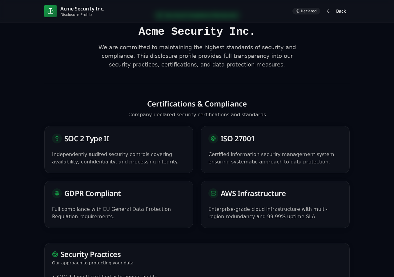 VendorLens demo trust portal showing SOC 2 and ISO 27001 certifications