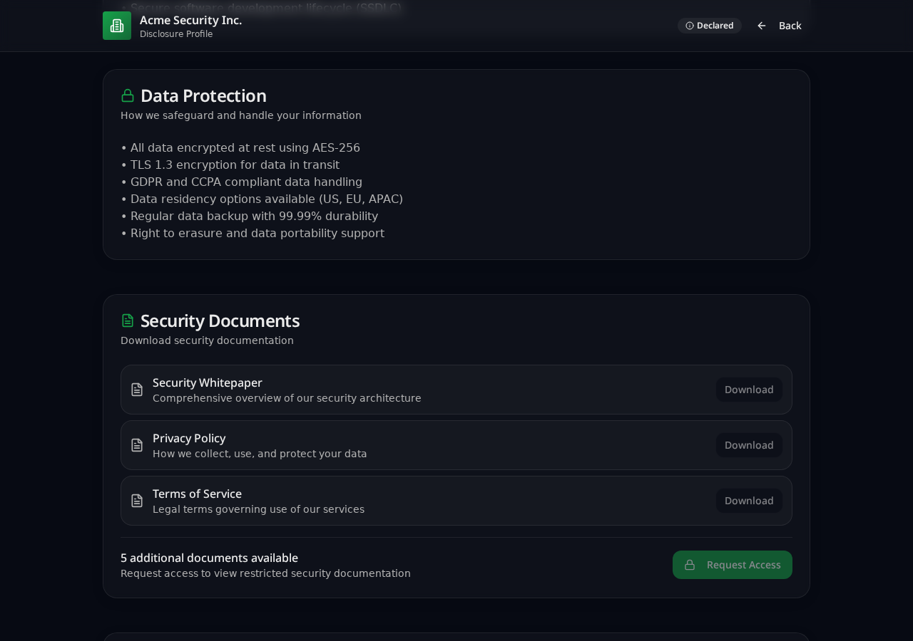 VendorLens demo document library with NDA-gated access controls