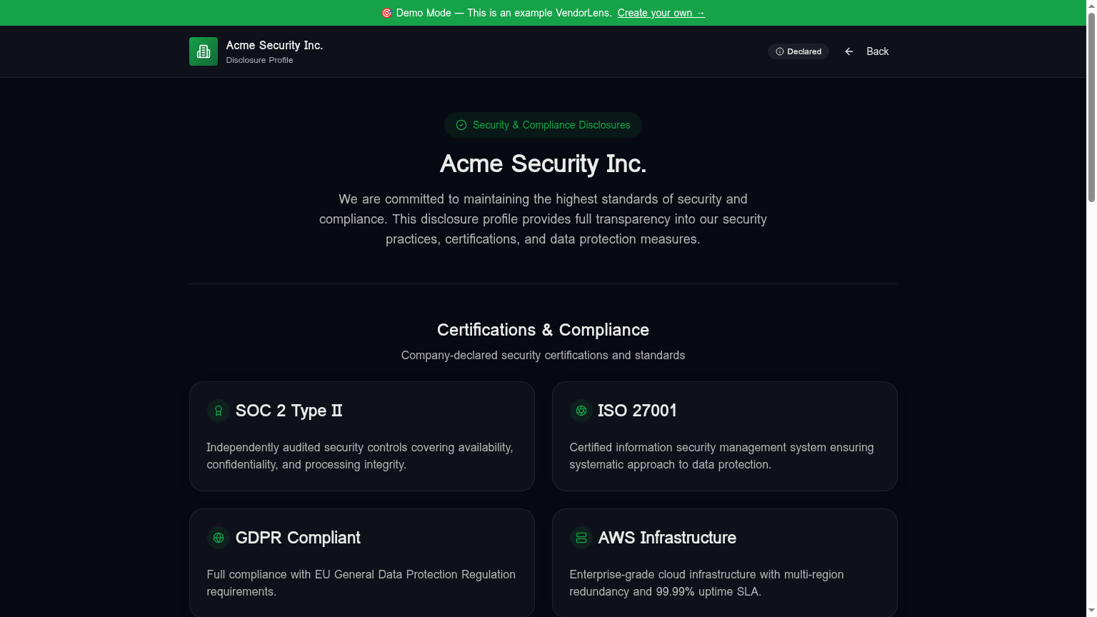 VendorLens trust portal showing security certifications, document library and NDA-gated access