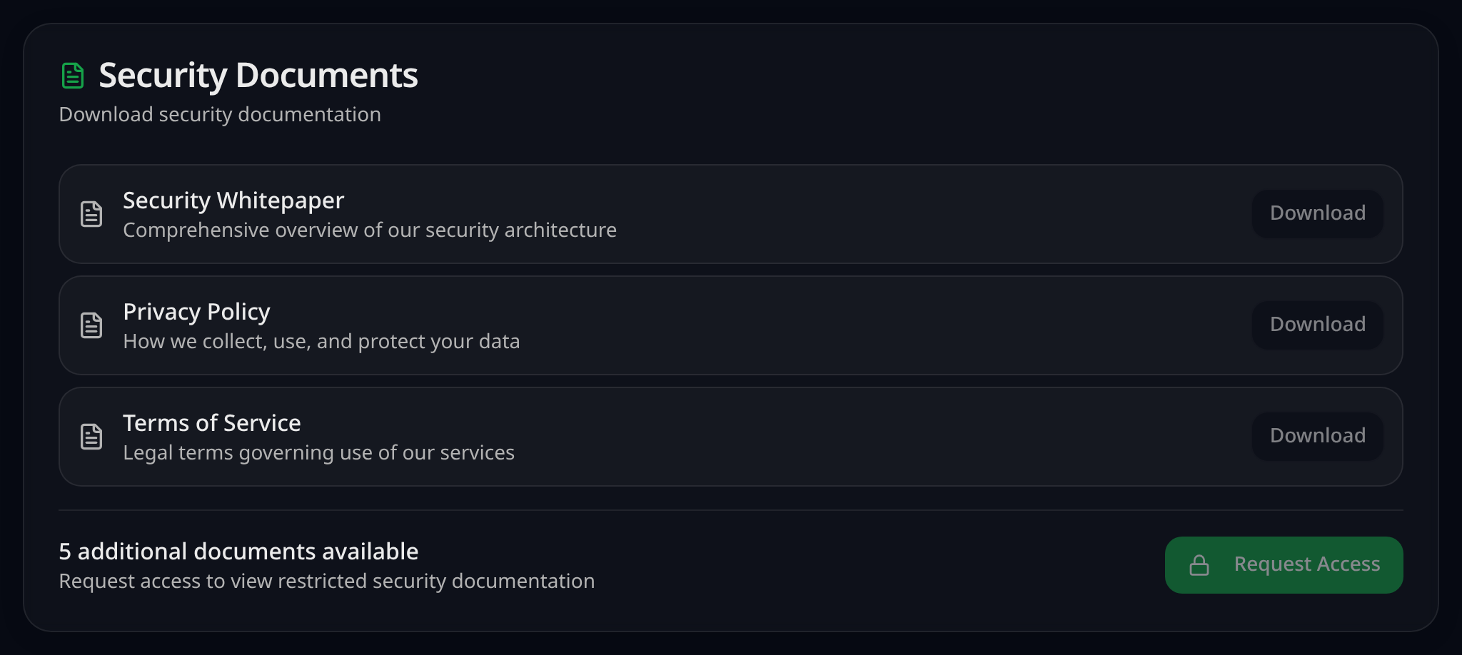 VendorLens portal document list with open downloads for the security whitepaper, privacy policy and terms, and a Request Access button for five restricted documents