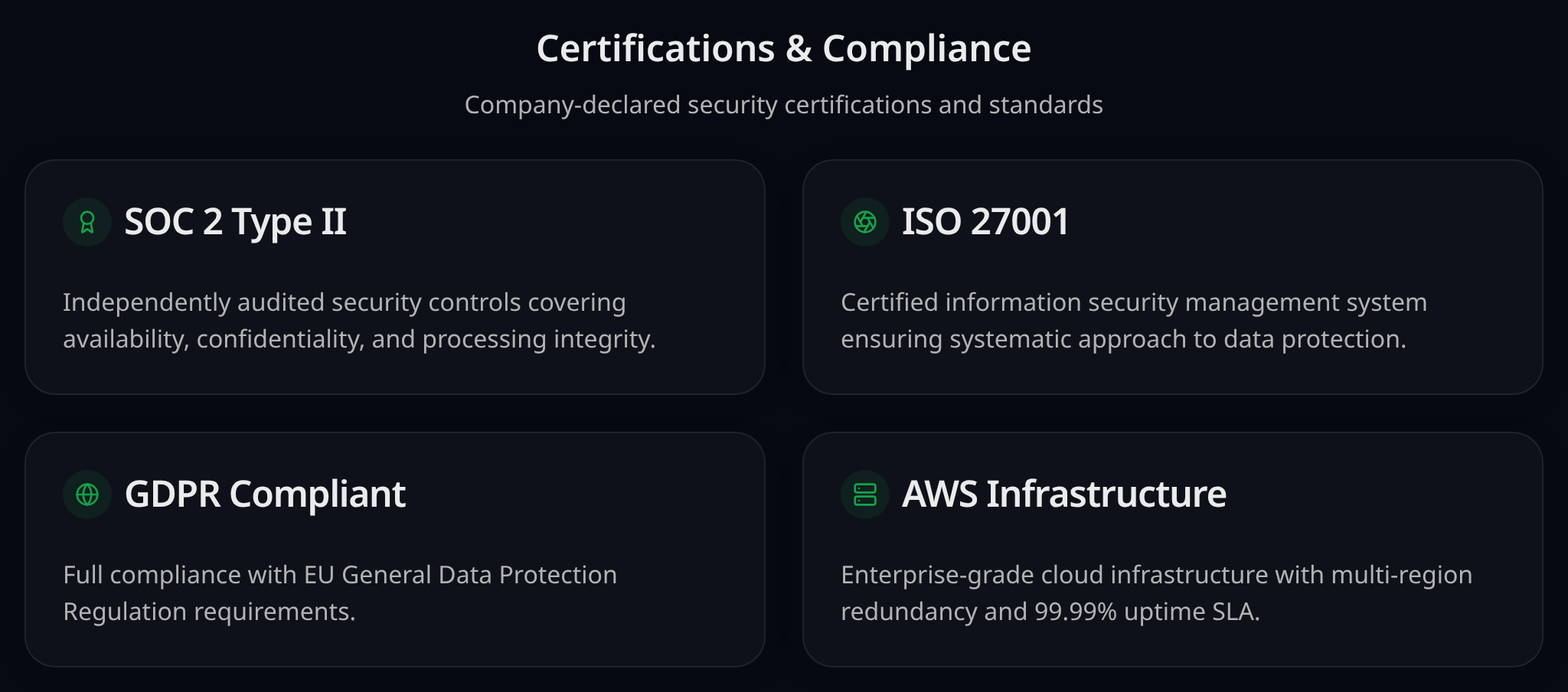 VendorLens portal certification section listing company-declared SOC 2 Type II, ISO 27001, GDPR and cloud infrastructure entries