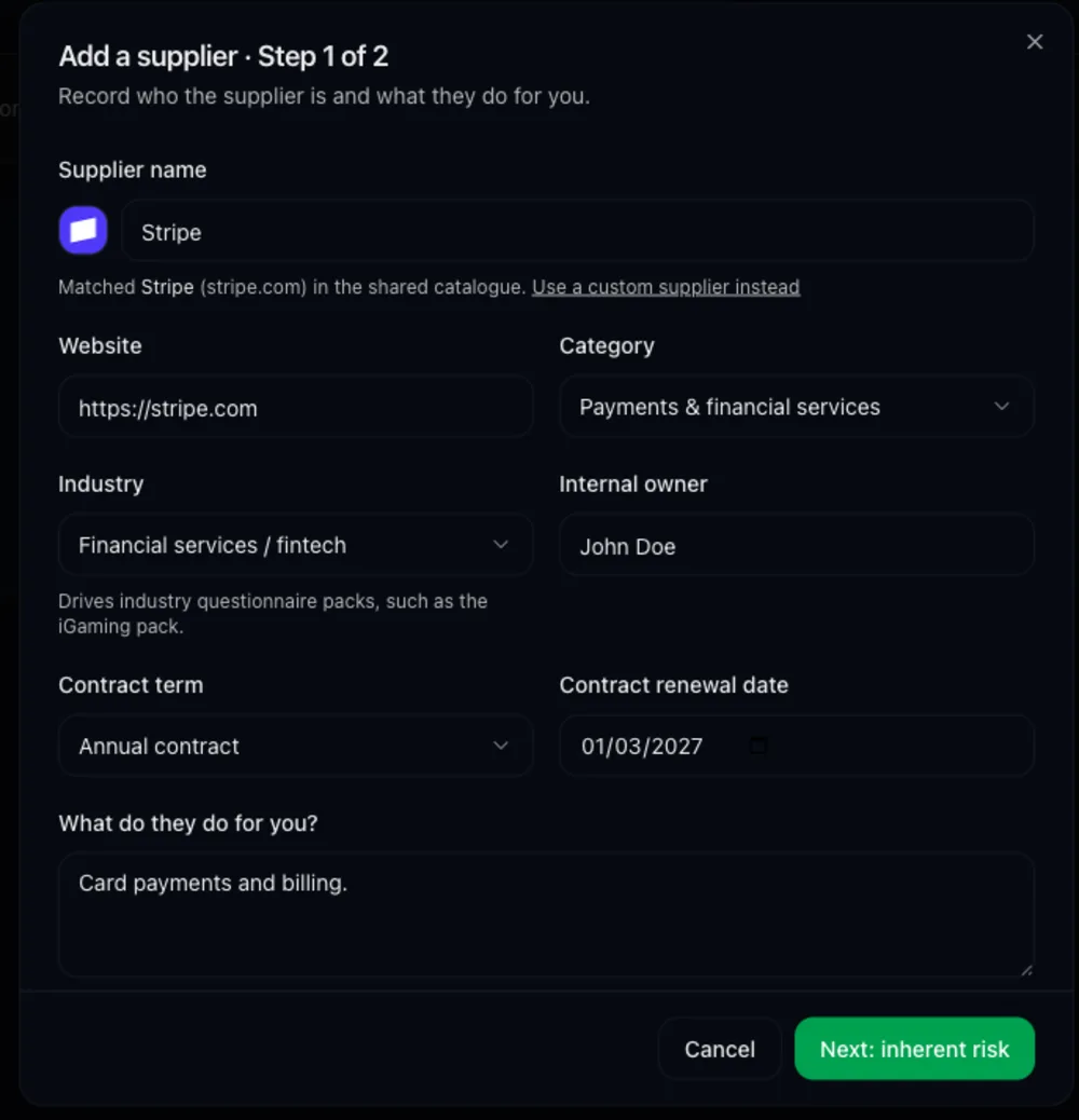 Add a supplier dialog with catalogue-matched name, website, category, industry, owner and contract term fields